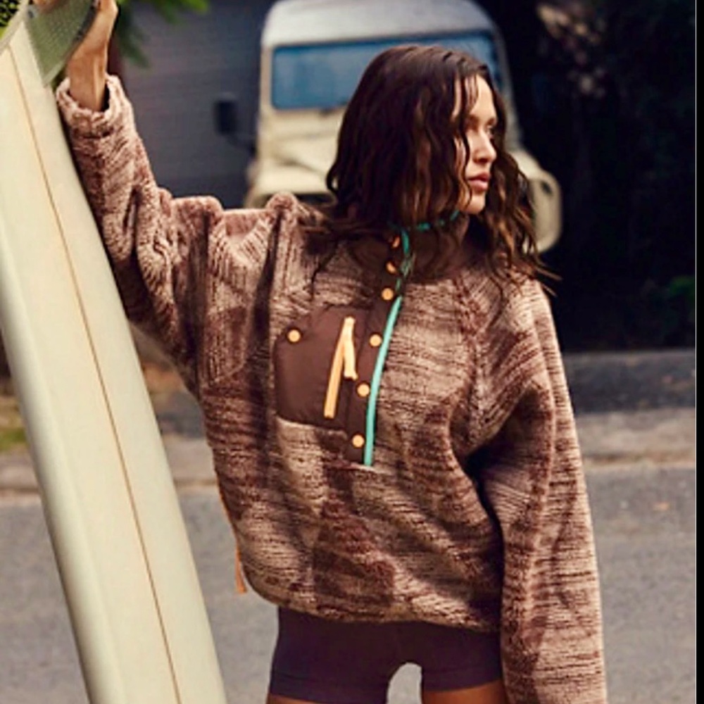 FP Movement by Free People Brown Teddy Pullover Jacket with Teal Trim